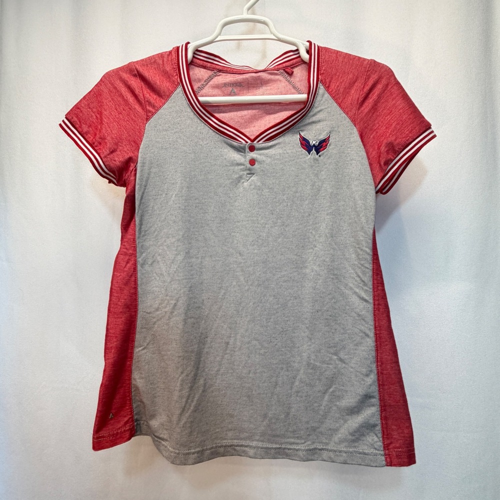 Washington Capitals Antigua Shirt Womens Large Gray Red NHL Henley Tee